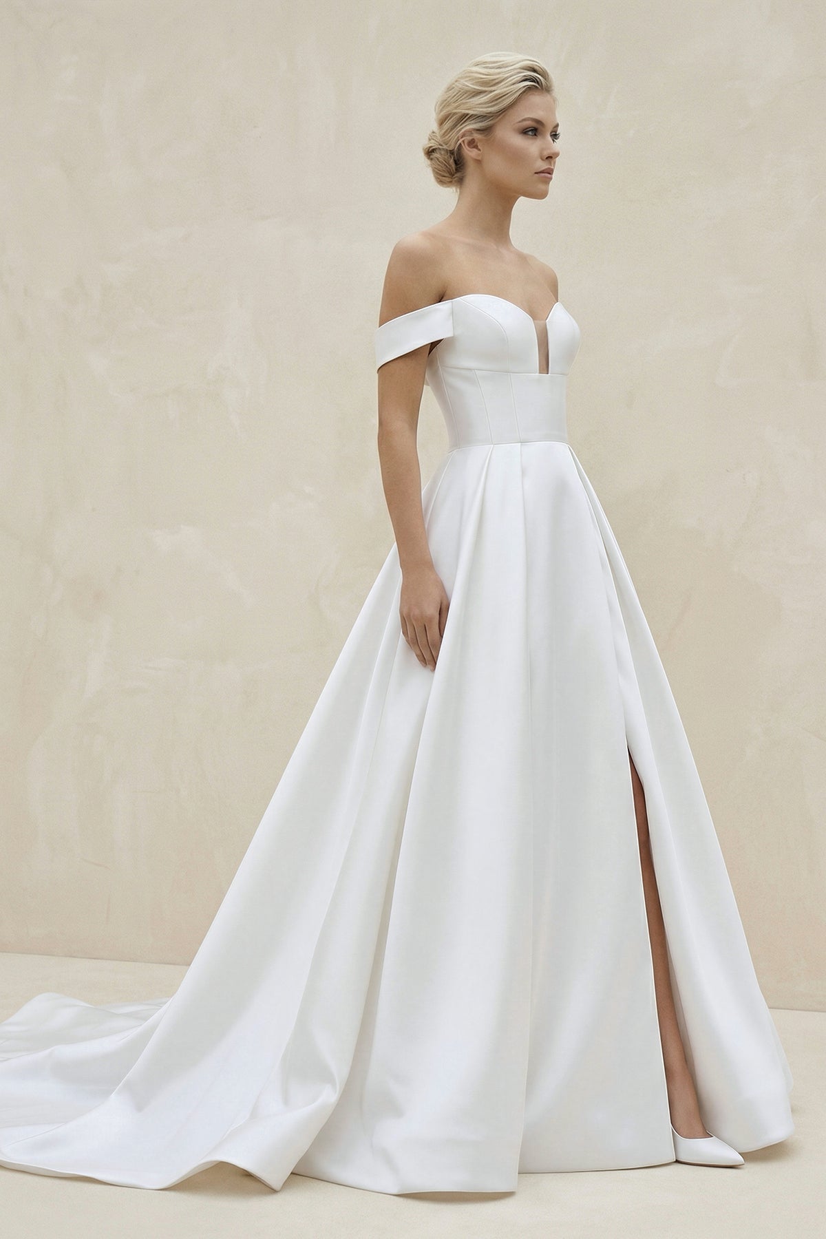 A-Line V Neck Satin Wedding Dresses with Detachable Straps - Curvevia