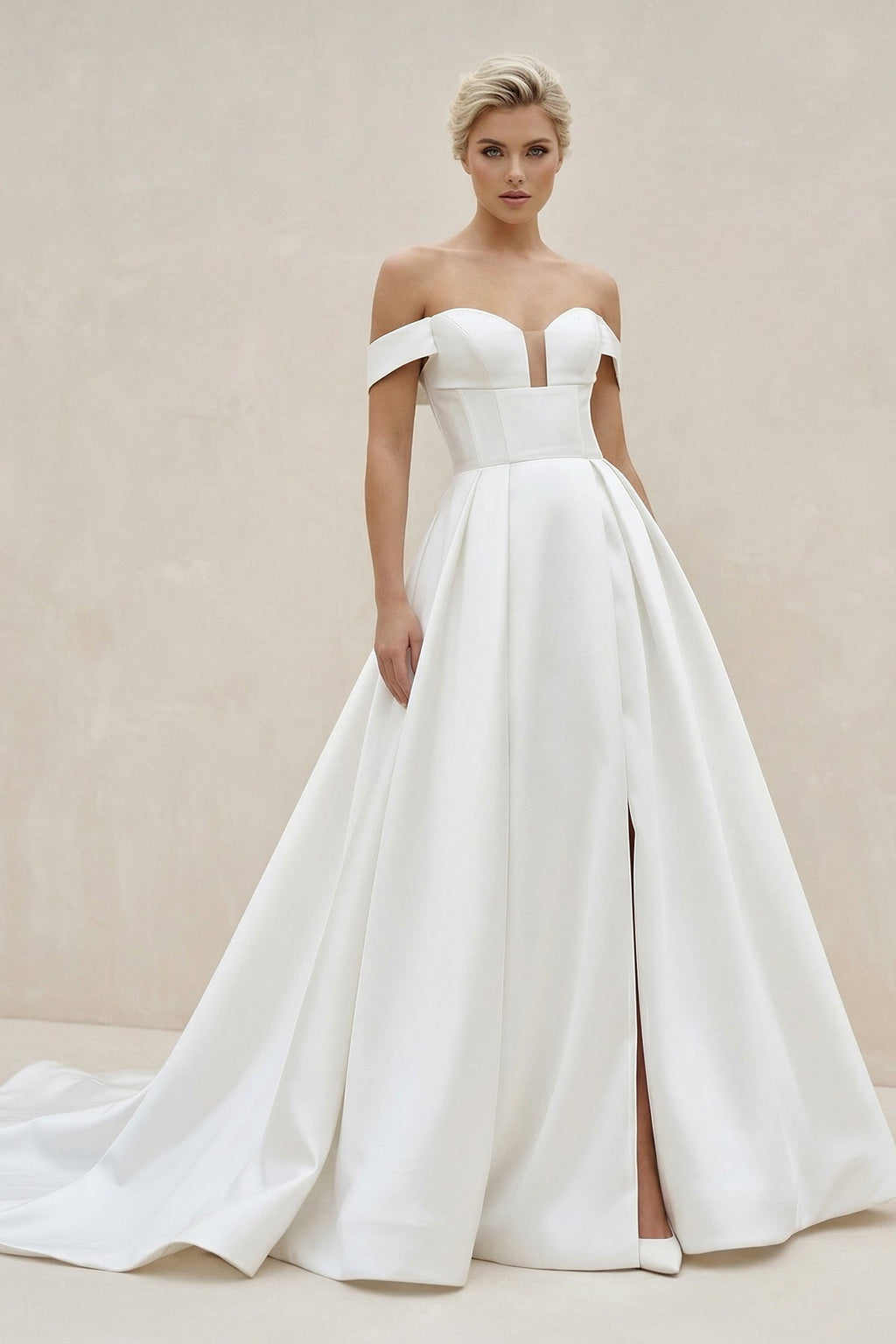 A-Line V Neck Satin Wedding Dresses with Detachable Straps - Curvevia