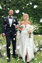 A-Line V Neck Satin Wedding Dresses with Detachable Straps - Curvevia