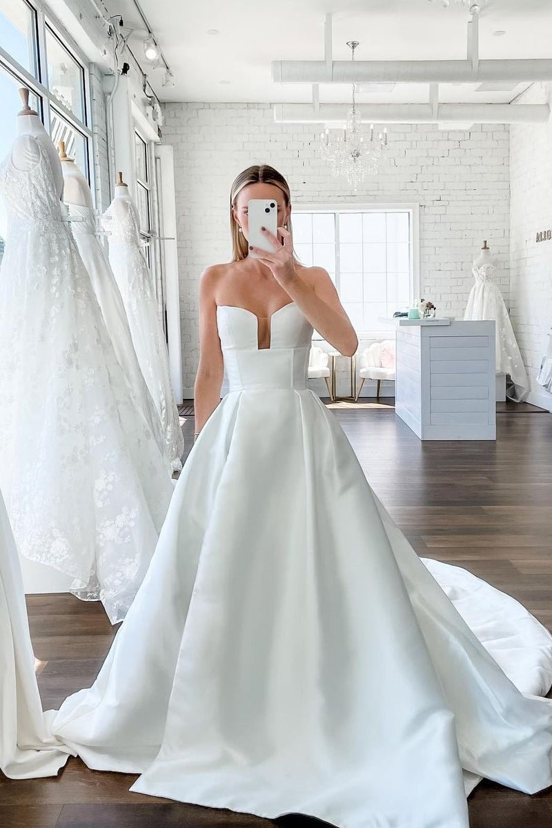 A-Line V Neck Satin Wedding Dresses with Detachable Straps - Curvevia