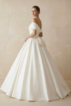 Simple A-line Off The Shoulder Satin Diamond White Long Wedding Dress - Curvevia
