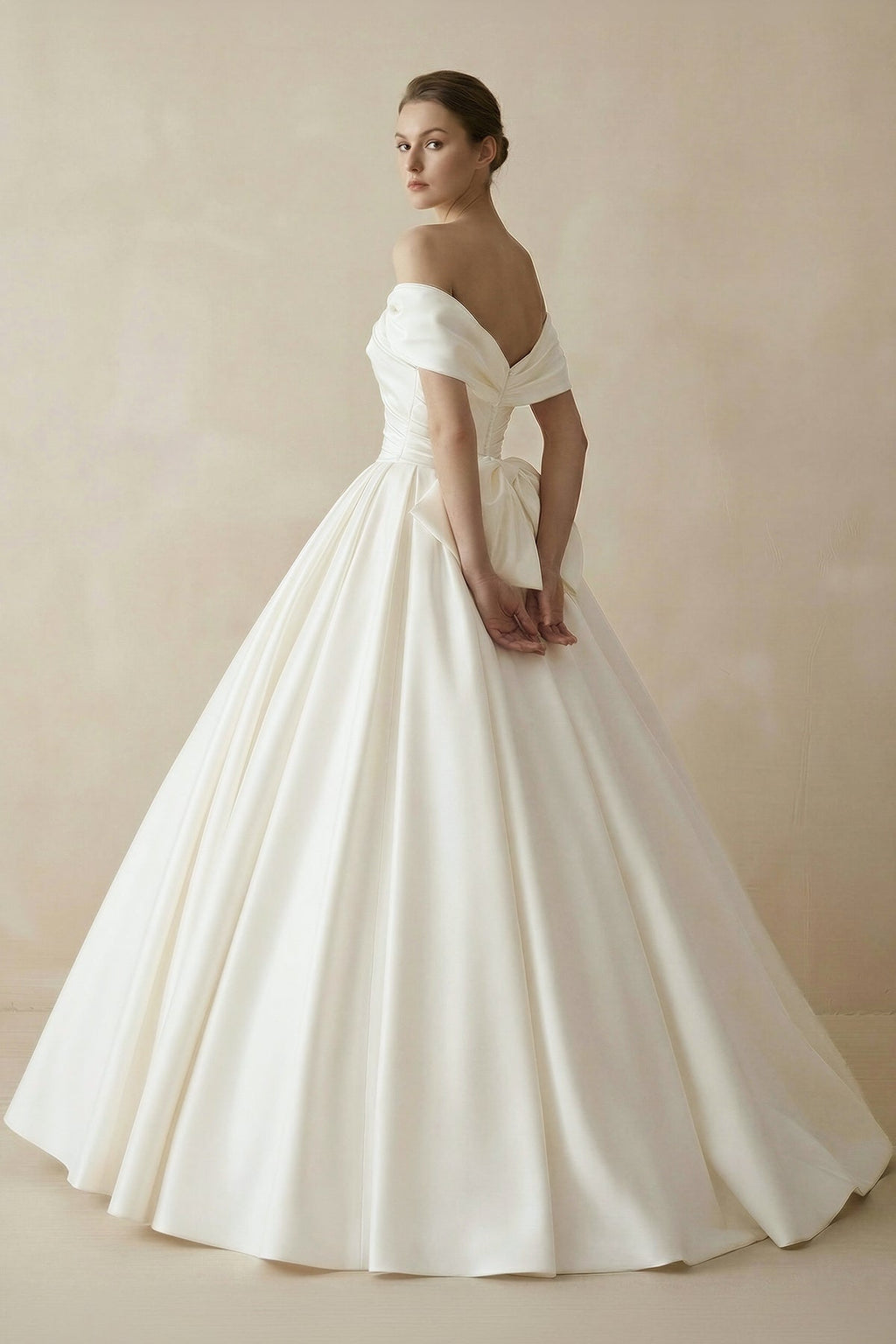 Simple A-line Off The Shoulder Satin Diamond White Long Wedding Dress - Curvevia