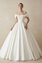Simple A-line Off The Shoulder Satin Diamond White Long Wedding Dress - Curvevia