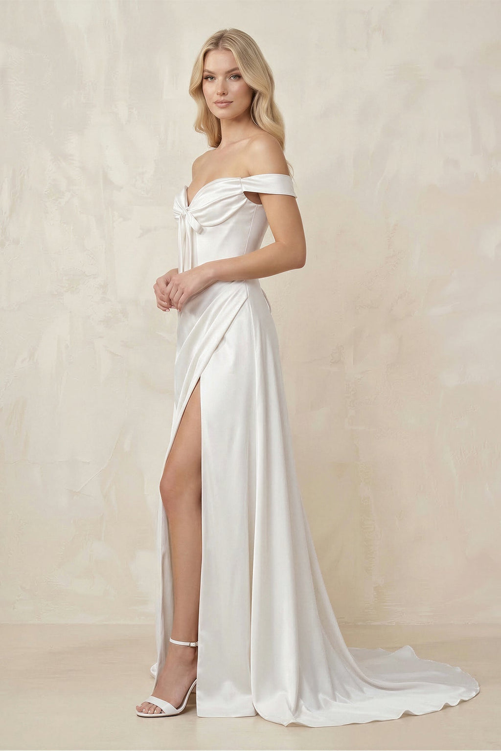 Off-the-Shoulder Satin Bow Ruched Wedding Dress with Slit in White - Curvevia