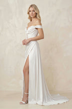Off-the-Shoulder Satin Bow Ruched Wedding Dress with Slit in White - Curvevia