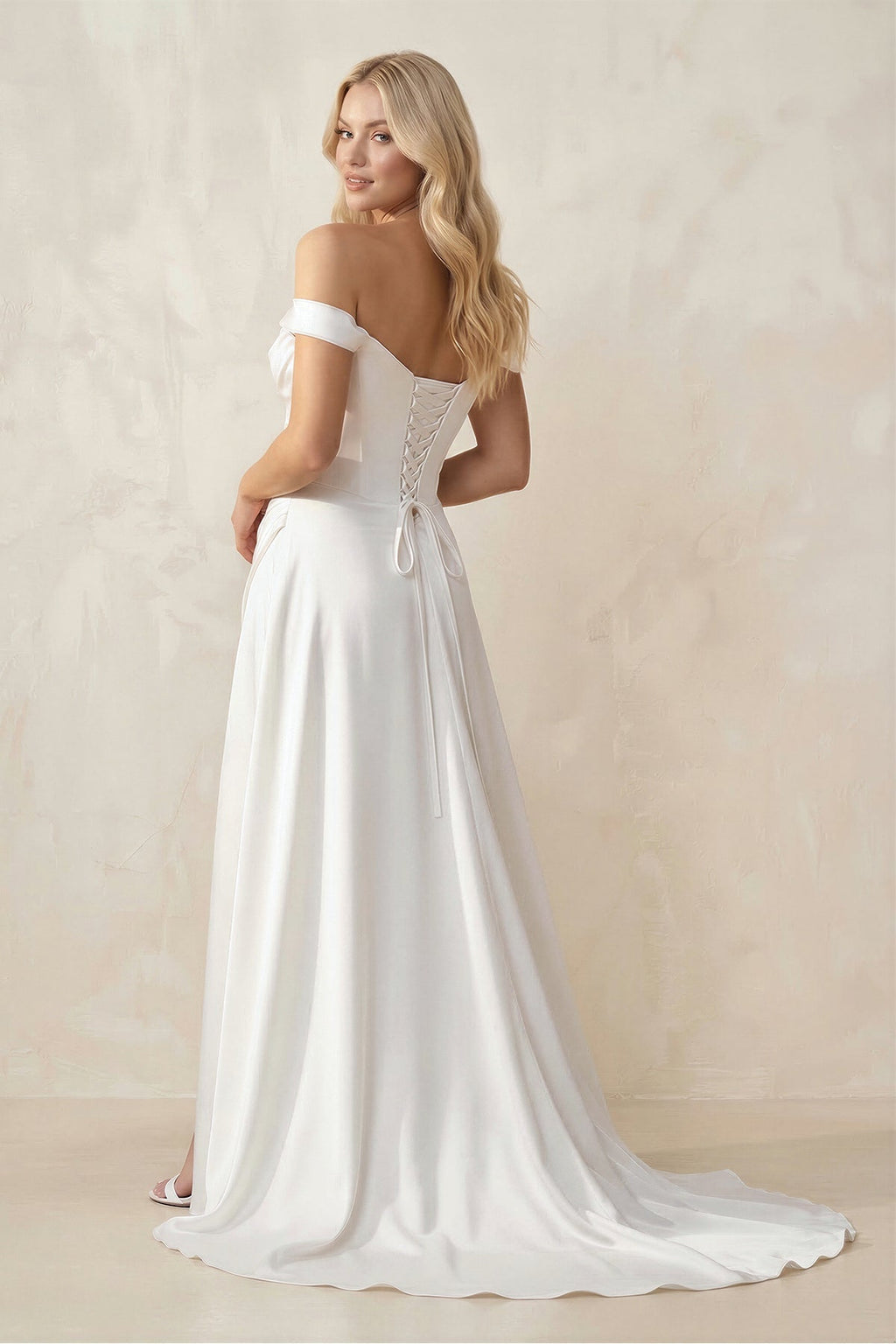 Off-the-Shoulder Satin Bow Ruched Wedding Dress with Slit in White - Curvevia