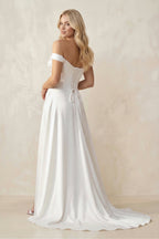 Off-the-Shoulder Satin Bow Ruched Wedding Dress with Slit in White - Curvevia