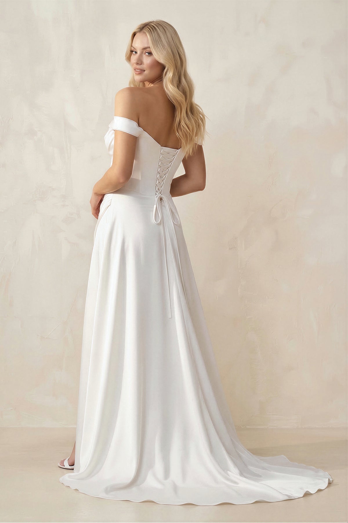 Off-the-Shoulder Satin Bow Ruched Wedding Dress with Slit in White - Curvevia
