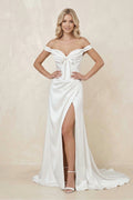 Off-the-Shoulder Satin Bow Ruched Wedding Dress with Slit in White - Curvevia