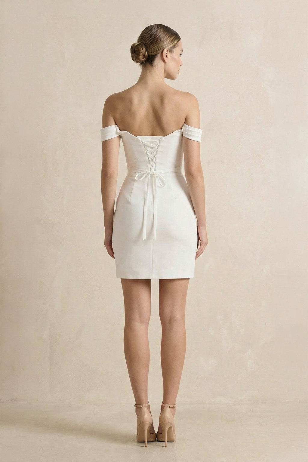 Off-the-Shoulder Short Satin Cowl Neck Simple Formal Wedding Dress With Slit - Curvevia