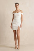 Off-the-Shoulder Short Satin Cowl Neck Simple Formal Wedding Dress With Slit - Curvevia