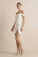 Off-the-Shoulder Short Satin Cowl Neck Simple Formal Wedding Dress With Slit - Curvevia