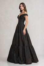 Off-the-Shoulder Satin Tiere Plunging Wedding Dress in Black - Curvevia