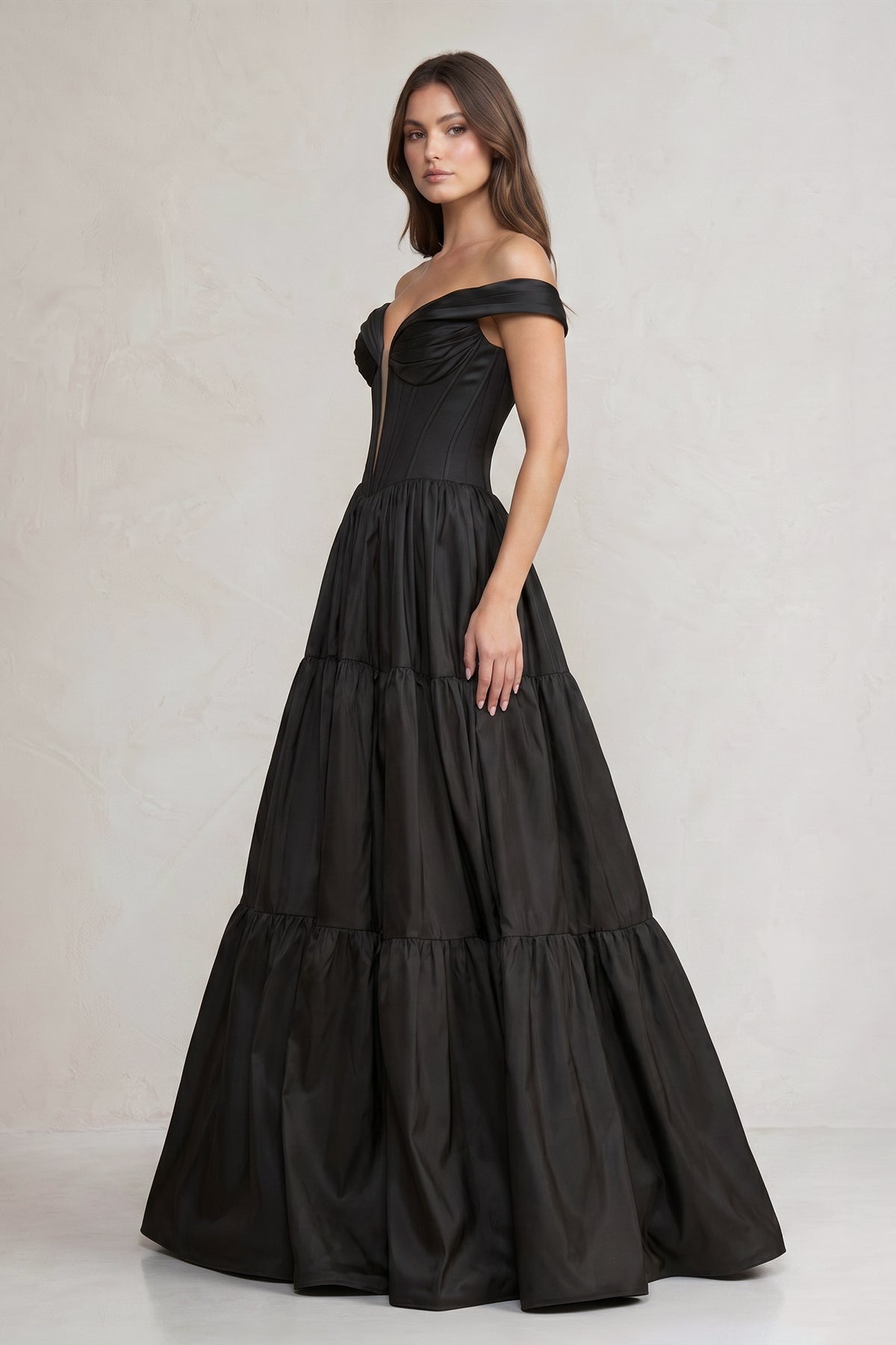 Off-the-Shoulder Satin Tiere Plunging Wedding Dress in Black - Curvevia