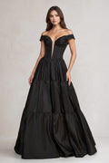 Off-the-Shoulder Satin Tiere Plunging Wedding Dress in Black - Curvevia