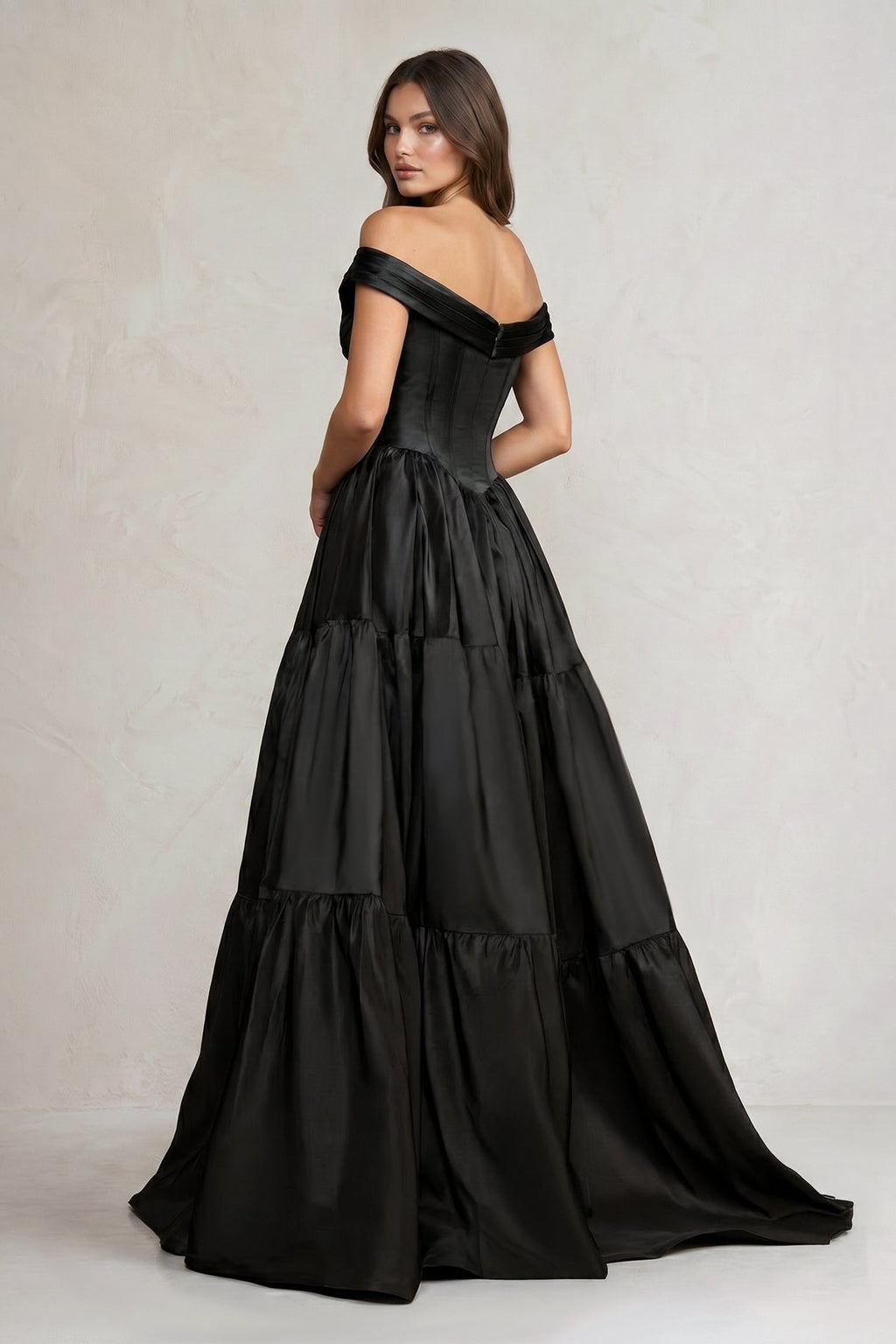 Off-the-Shoulder Satin Tiere Plunging Wedding Dress in Black - Curvevia