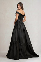 Off-the-Shoulder Satin Tiere Plunging Wedding Dress in Black - Curvevia