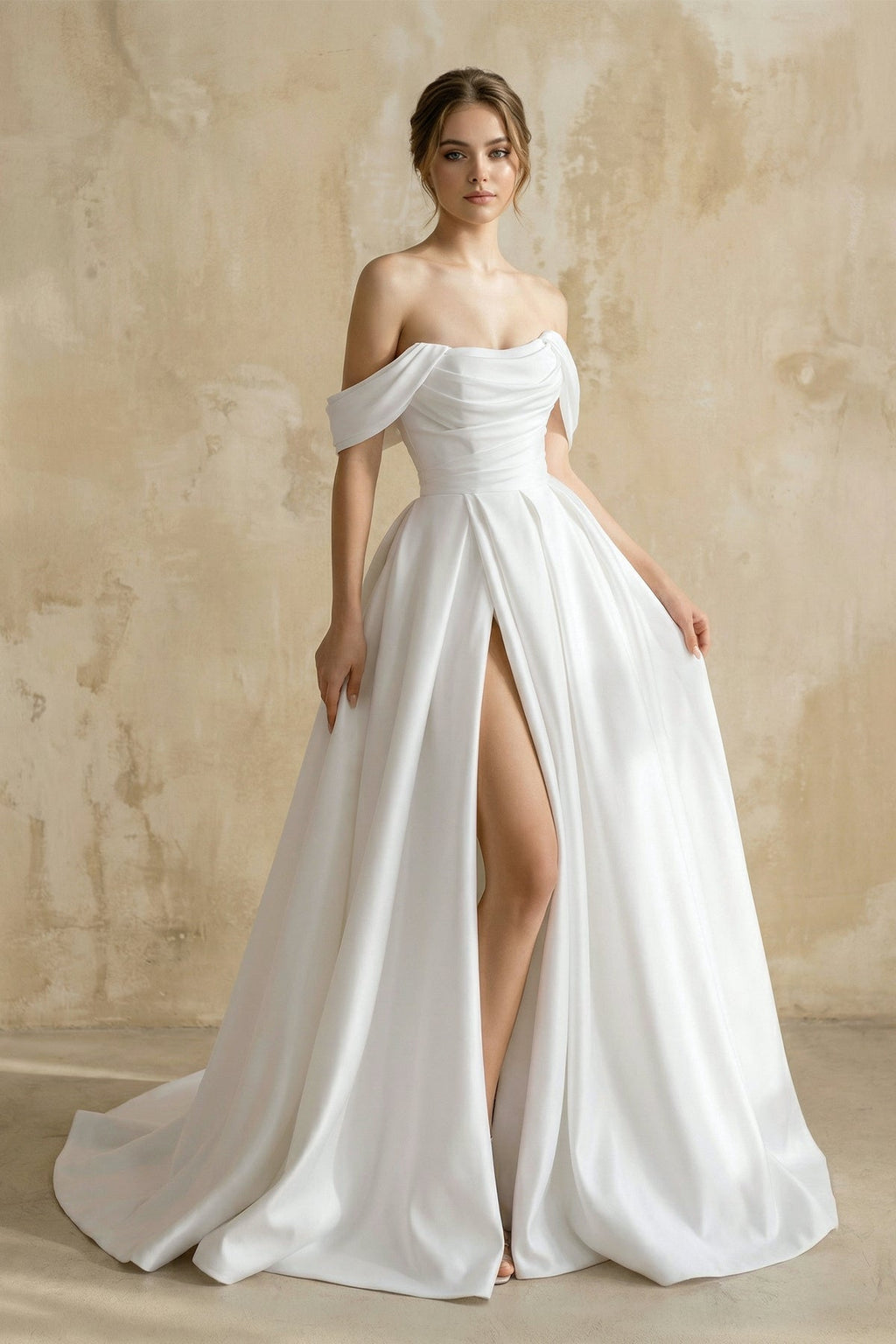 Off The Shoulder Satin Wedding Dress With Slit in White - Curvevia