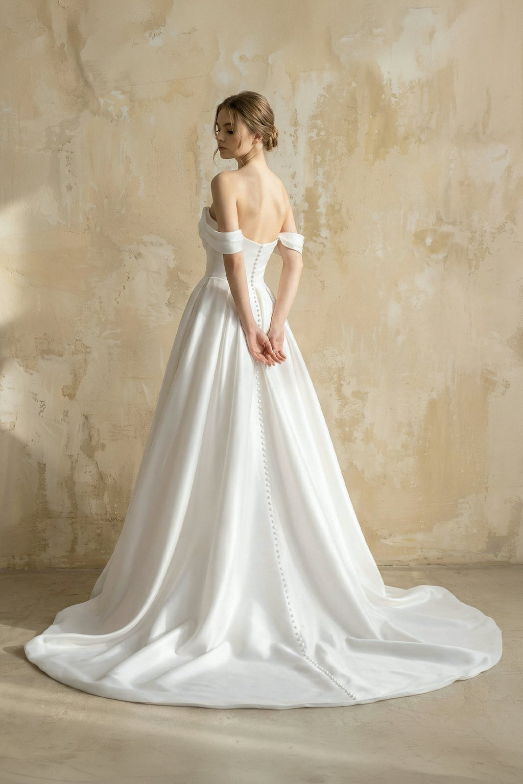 Off The Shoulder Satin Wedding Dress With Slit in White - Curvevia