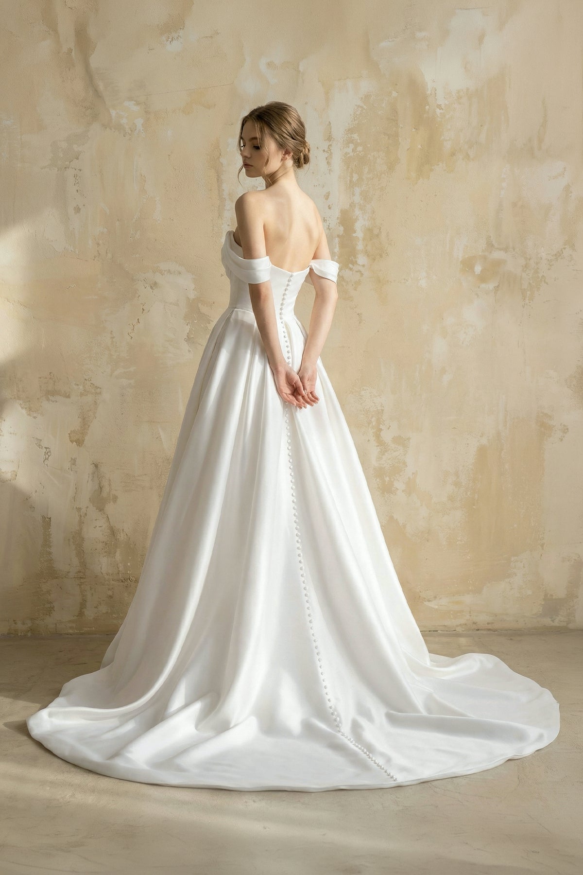 Off The Shoulder Satin Wedding Dress With Slit in White - Curvevia