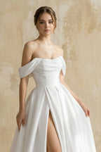 Off The Shoulder Satin Wedding Dress With Slit in White - Curvevia