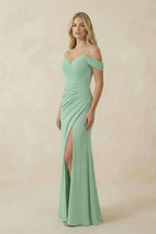 Off-the-Shoulder Sheath Chiffon Ruched Bridesmaid Dress in Pale Pistachio - Curvevia
