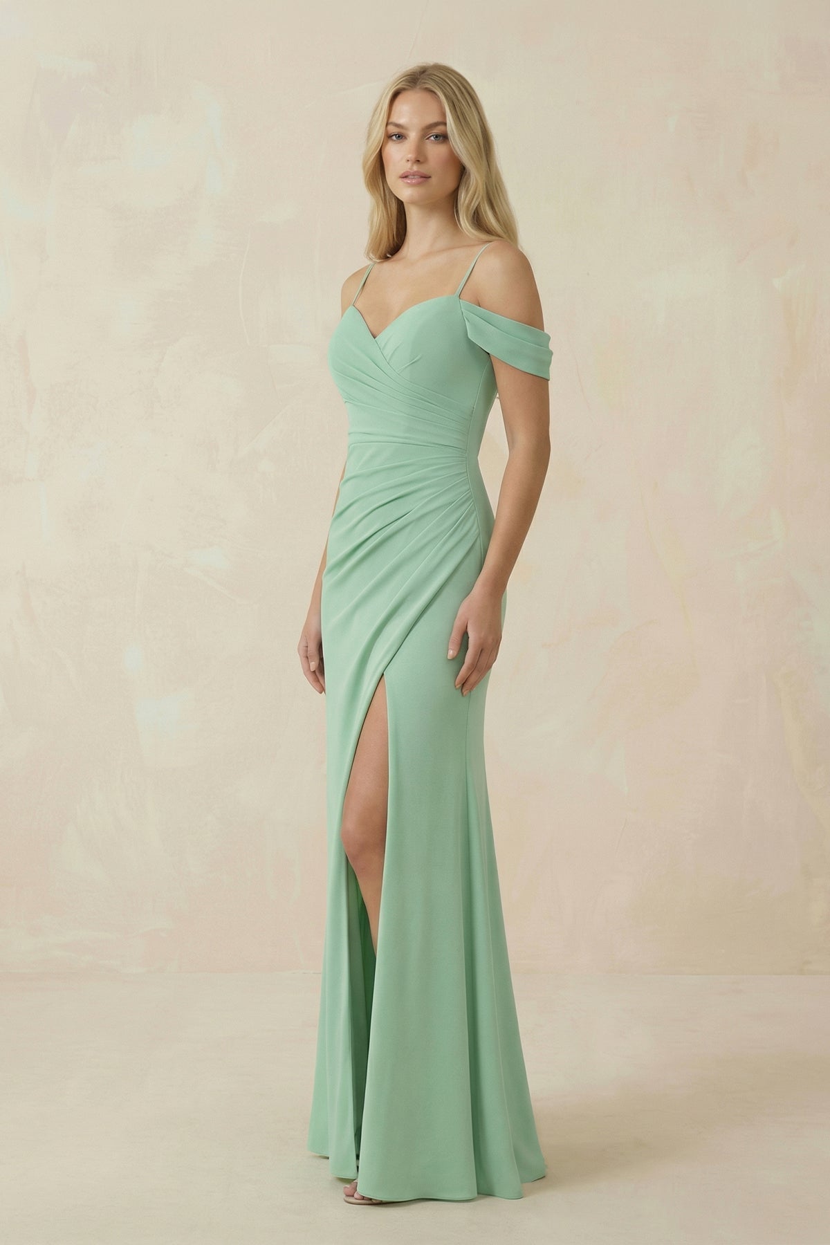 Off-the-Shoulder Sheath Chiffon Ruched Bridesmaid Dress in Pale Pistachio - Curvevia