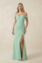 Off-the-Shoulder Sheath Chiffon Ruched Bridesmaid Dress in Pale Pistachio - Curvevia