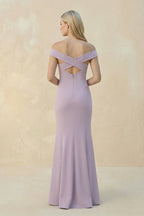 Off-the-Shoulder Sheath Matte Satin Bridesmaid Dress in Lavender Grey - Curvevia