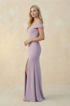 Off-the-Shoulder Sheath Matte Satin Bridesmaid Dress in Lavender Grey - Curvevia