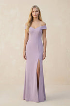 Off-the-Shoulder Sheath Matte Satin Bridesmaid Dress in Lavender Grey - Curvevia