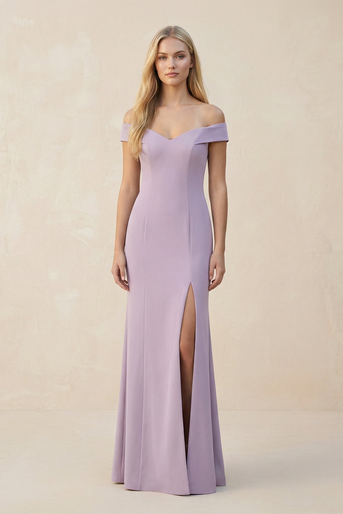Off-the-Shoulder Sheath Matte Satin Bridesmaid Dress in Lavender Grey - Curvevia