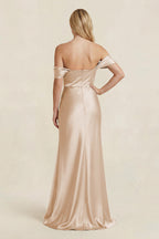 Off-the-Shoulder Sheath Satin Bridesmaid Dress with Slit in Golden Champagne - Curvevia