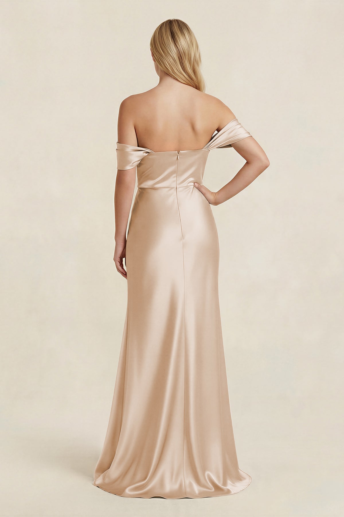 Off-the-Shoulder Sheath Satin Bridesmaid Dress with Slit in Golden Champagne - Curvevia