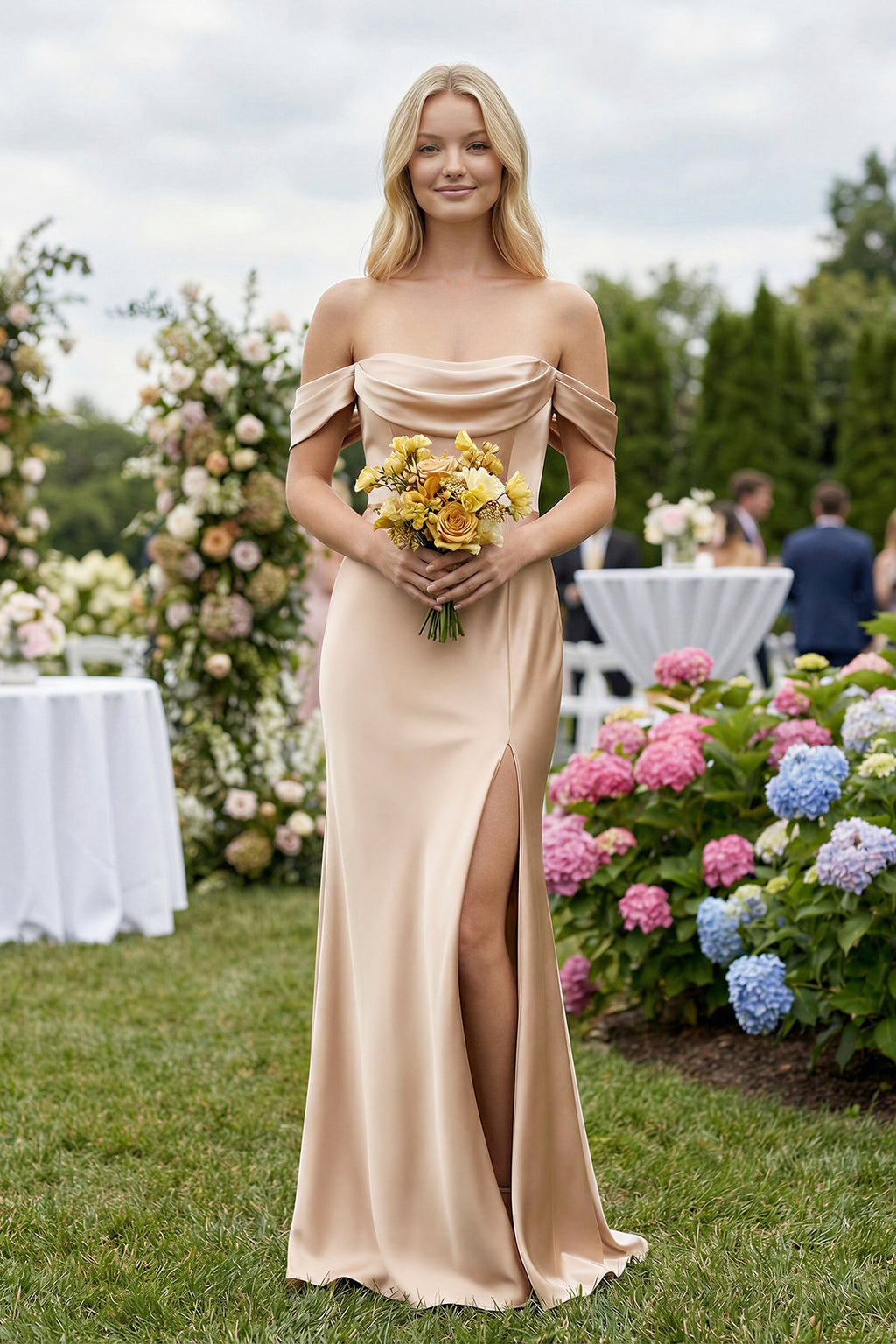 Off-the-Shoulder Sheath Satin Bridesmaid Dress with Slit in Golden Champagne - Curvevia