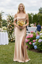 Off-the-Shoulder Sheath Satin Bridesmaid Dress with Slit in Golden Champagne - Curvevia