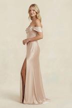 Off-the-Shoulder Sheath Satin Bridesmaid Dress with Slit in Golden Champagne - Curvevia