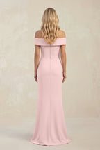 Sheath Off-the-Shoulder Satin Bridesmaid Dress With Slit in Rose Petal - Curvevia