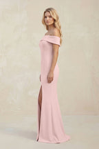 Sheath Off-the-Shoulder Satin Bridesmaid Dress With Slit in Rose Petal - Curvevia