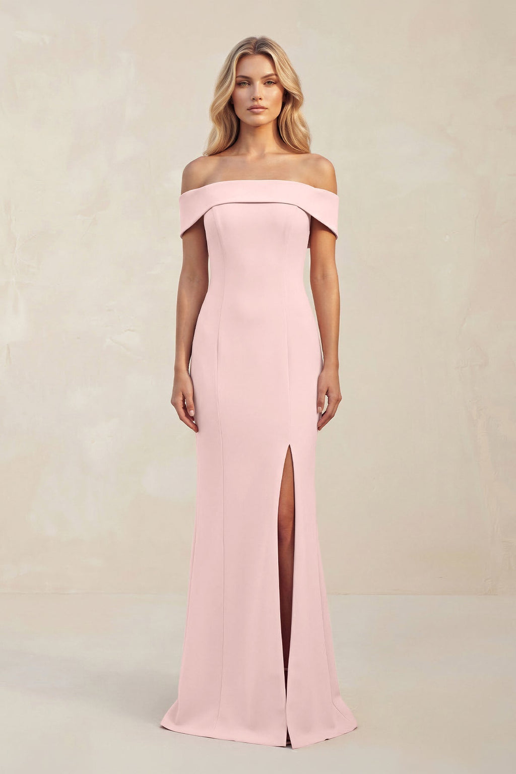 Sheath Off-the-Shoulder Satin Bridesmaid Dress With Slit in Rose Petal - Curvevia