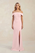 Sheath Off-the-Shoulder Satin Bridesmaid Dress With Slit in Rose Petal - Curvevia
