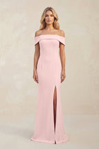 Sheath Off-the-Shoulder Satin Bridesmaid Dress With Slit in Rose Petal - Curvevia