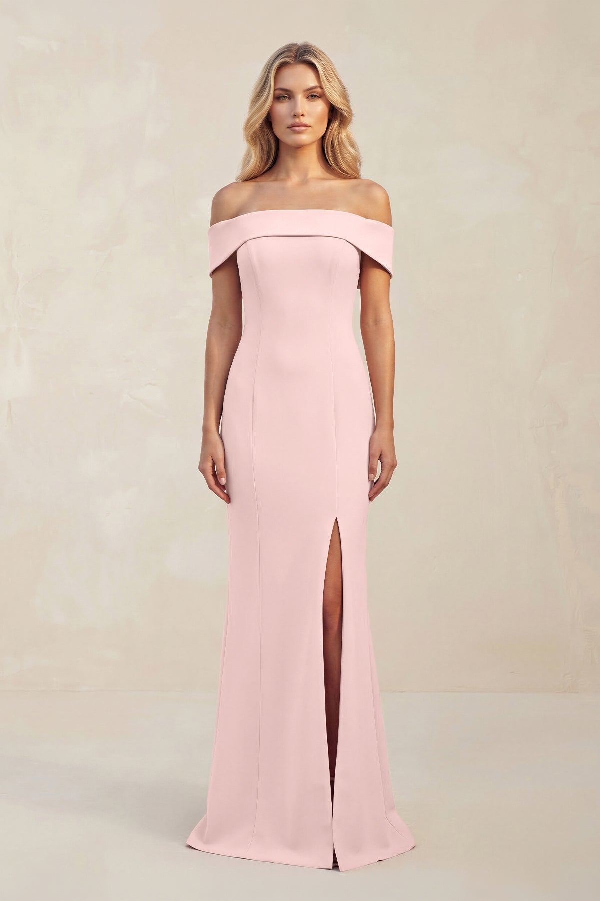 Sheath Off-the-Shoulder Satin Bridesmaid Dress With Slit in Rose Petal - Curvevia