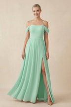 Off-the-Shoulder Sweetheart A-Line Chiffon Bridesmaid Dress in Pale Pistachio - Curvevia