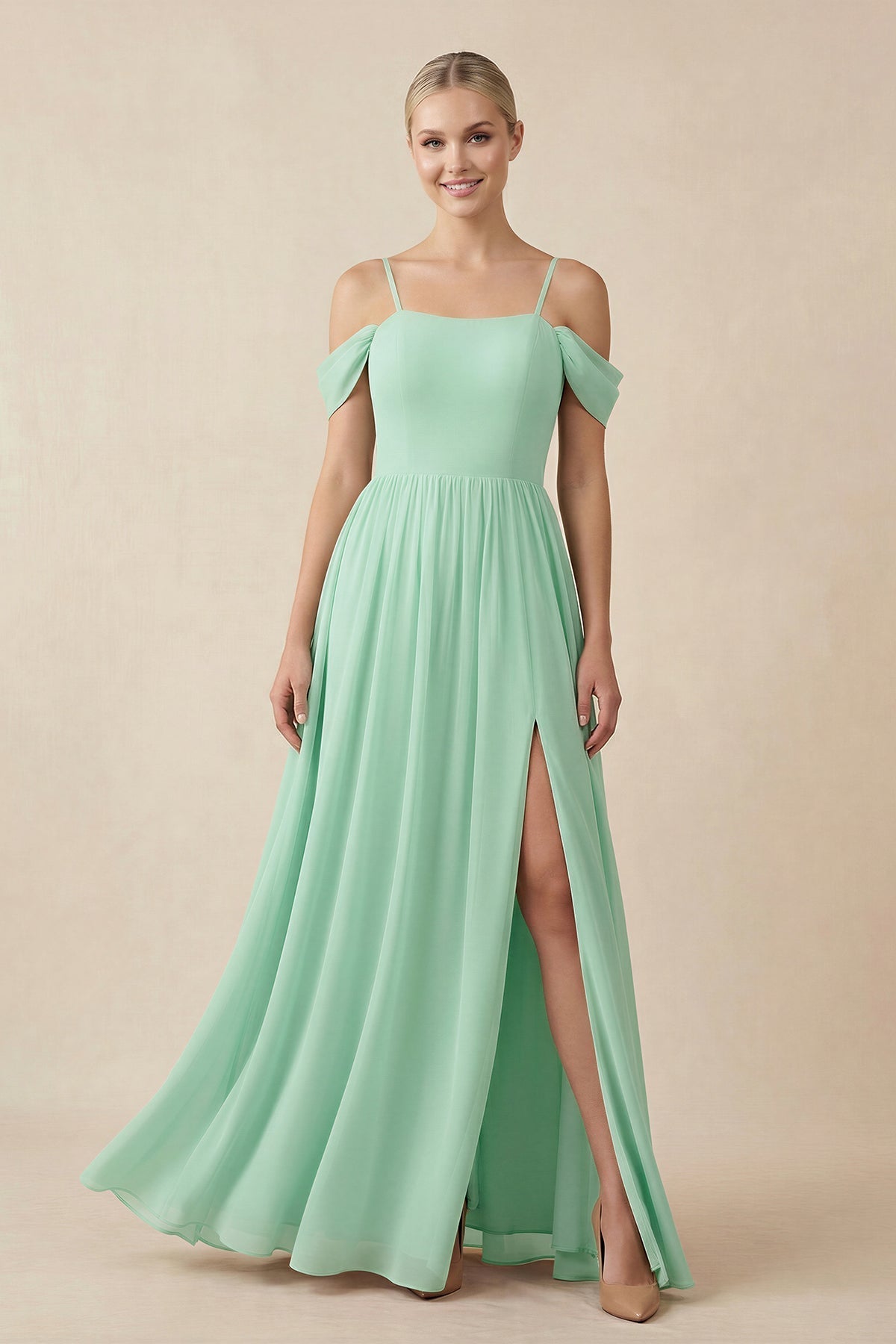 Off-the-Shoulder Sweetheart A-Line Chiffon Bridesmaid Dress in Pale Pistachio - Curvevia