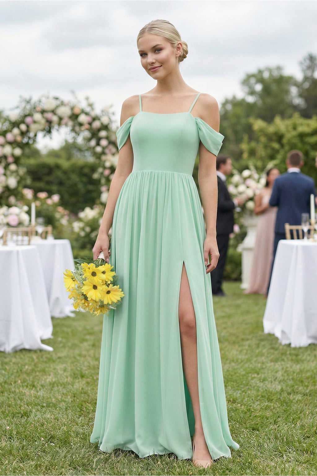 Off-the-Shoulder Sweetheart A-Line Chiffon Bridesmaid Dress in Pale Pistachio - Curvevia