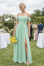 Off-the-Shoulder Sweetheart A-Line Chiffon Bridesmaid Dress in Pale Pistachio - Curvevia
