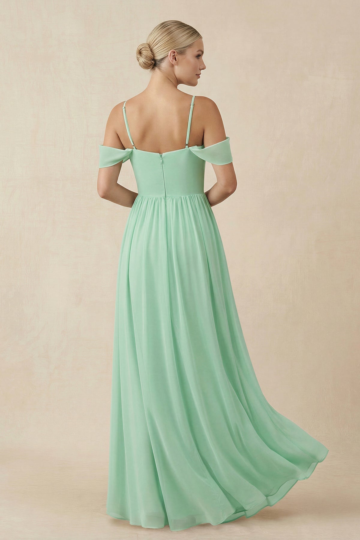 Off-the-Shoulder Sweetheart A-Line Chiffon Bridesmaid Dress in Pale Pistachio - Curvevia
