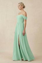 Off-the-Shoulder Sweetheart A-Line Chiffon Bridesmaid Dress in Pale Pistachio - Curvevia