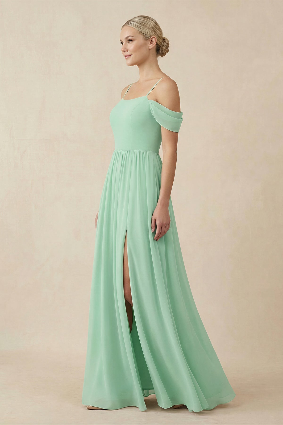 Off-the-Shoulder Sweetheart A-Line Chiffon Bridesmaid Dress in Pale Pistachio - Curvevia